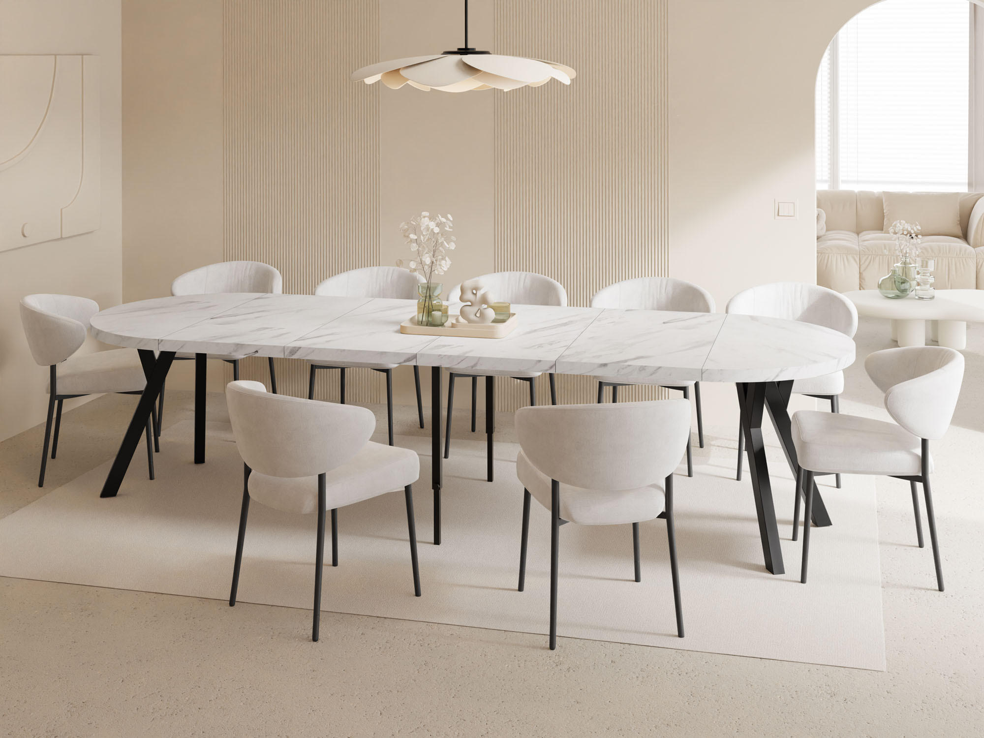 ESSTISCH Twixy XXL groß rund oval ausziehbar, Marmor Weiß 100-300/100/76 cm - Ecru/Schwarz, Holz/Holzwerkstoff (100/100/76cm) - WFL GROUP