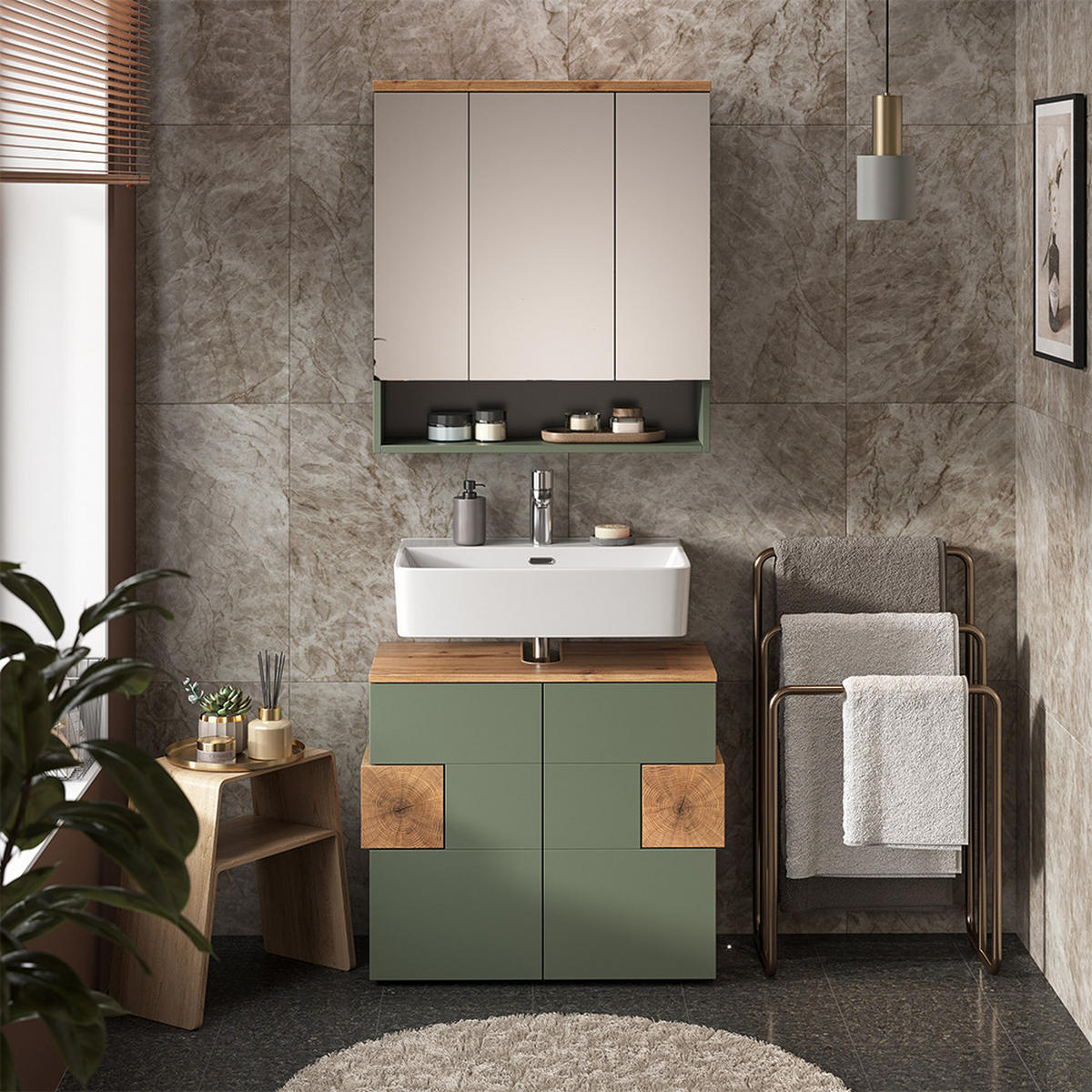 BADMÖBEL-SET Eden Grün/Artisan 2 Teile - Hellgrau/Grün, Holzwerkstoff (73/64/37cm) - Vicco
