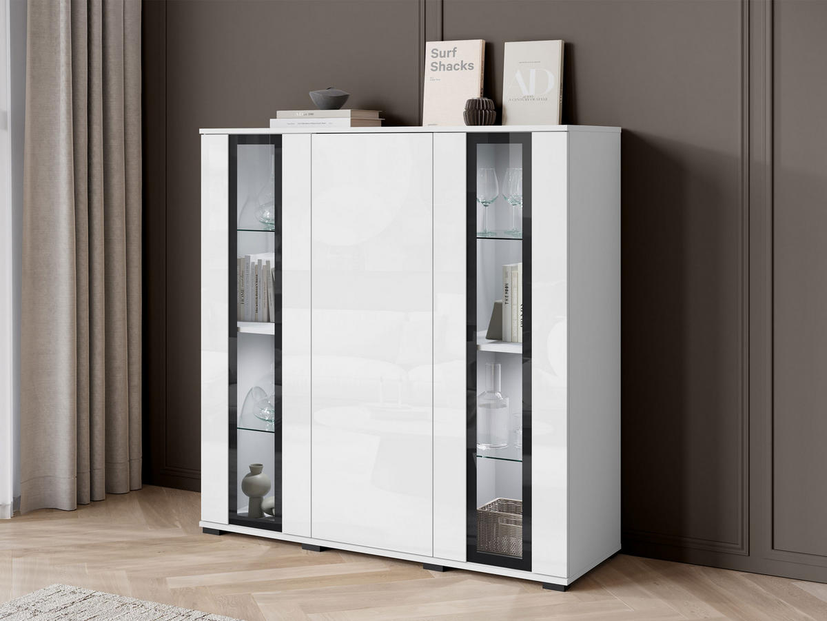 KOMMODE Caro HB 120 mit weißer LED Beleuchtung - Schwarz/Weiß, Holzwerkstoff/Kunststoff (120/122/40cm) - MIRJAN24