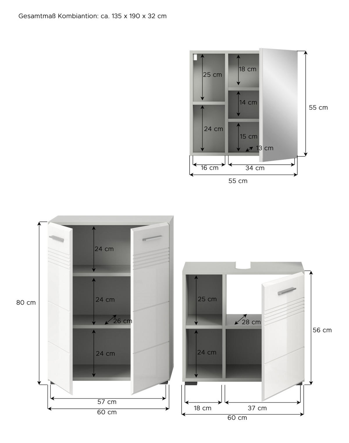 BADMÖBEL-SET 3-teilig weiß Hochglanz, grau 135 cm, Komplettset mit Soft-Close - Weiß Hochglanz/Grau, Glas/Holzwerkstoff (135/190/32cm) - Inn.Furn