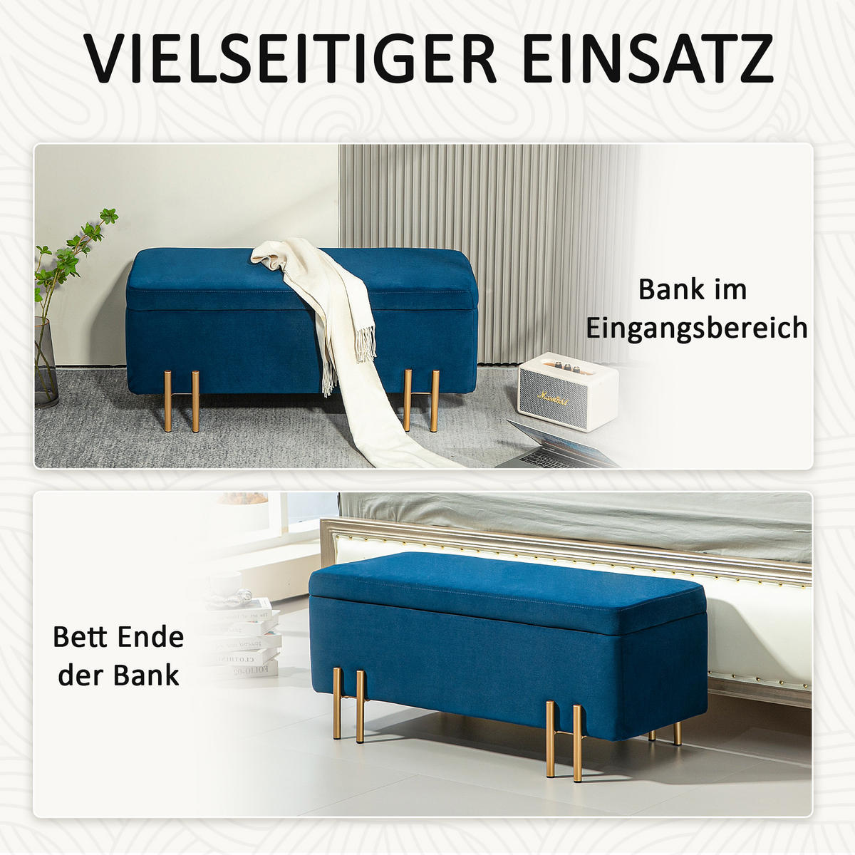 GEPOLSTERTE Sitzbank mit Stauraum, Metall, Kautschukholz, Schaumstoff Dunkelblau - Blau, Textil (40/42/100cm) - HOMCOM