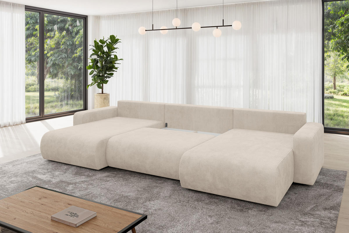 SEDACÍ SOUPRAVA DO U s funkcí spaní a úložným prostorem BERY-U 377x193x88 béžová manšestr - černá/béžová, kompozitní dřevo/textil (377/88/193cm) - ALTDECOR