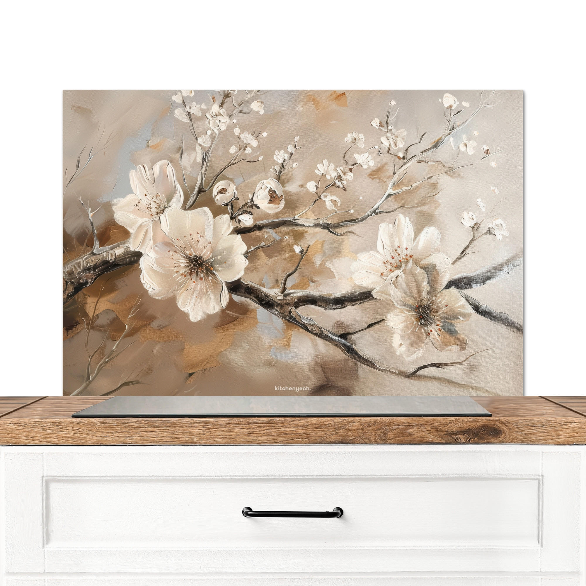SPRITZSCHUTZ KÜCHE Blumen - Abstrakt - Gemalt - Beige 80x55 cm - Greige, Metall (80/0.3/55cm) - MuchoWow