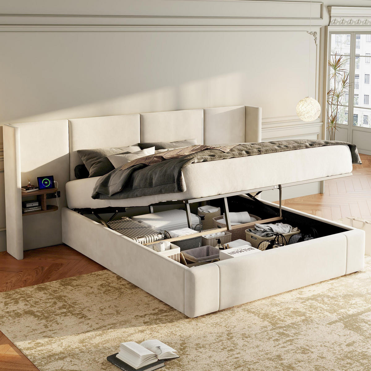 POLSTERBETT 160/200 cm aus Samt mit USB, Steckdosen und 2 Nachttischen Beige - Beige, Textil (160/200cm) - Modenvie