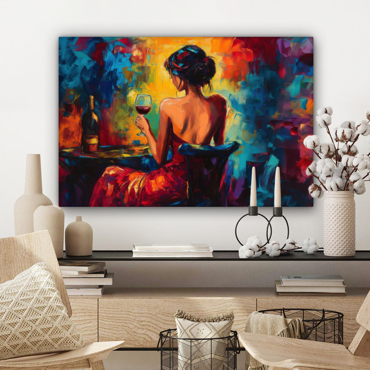 LEINWANDBILD Wein - Frau - Stimmungsvoll - Farbenfroh Gemälde 60x40 cm - Bordeaux, Textil (60/40cm) - MuchoWow