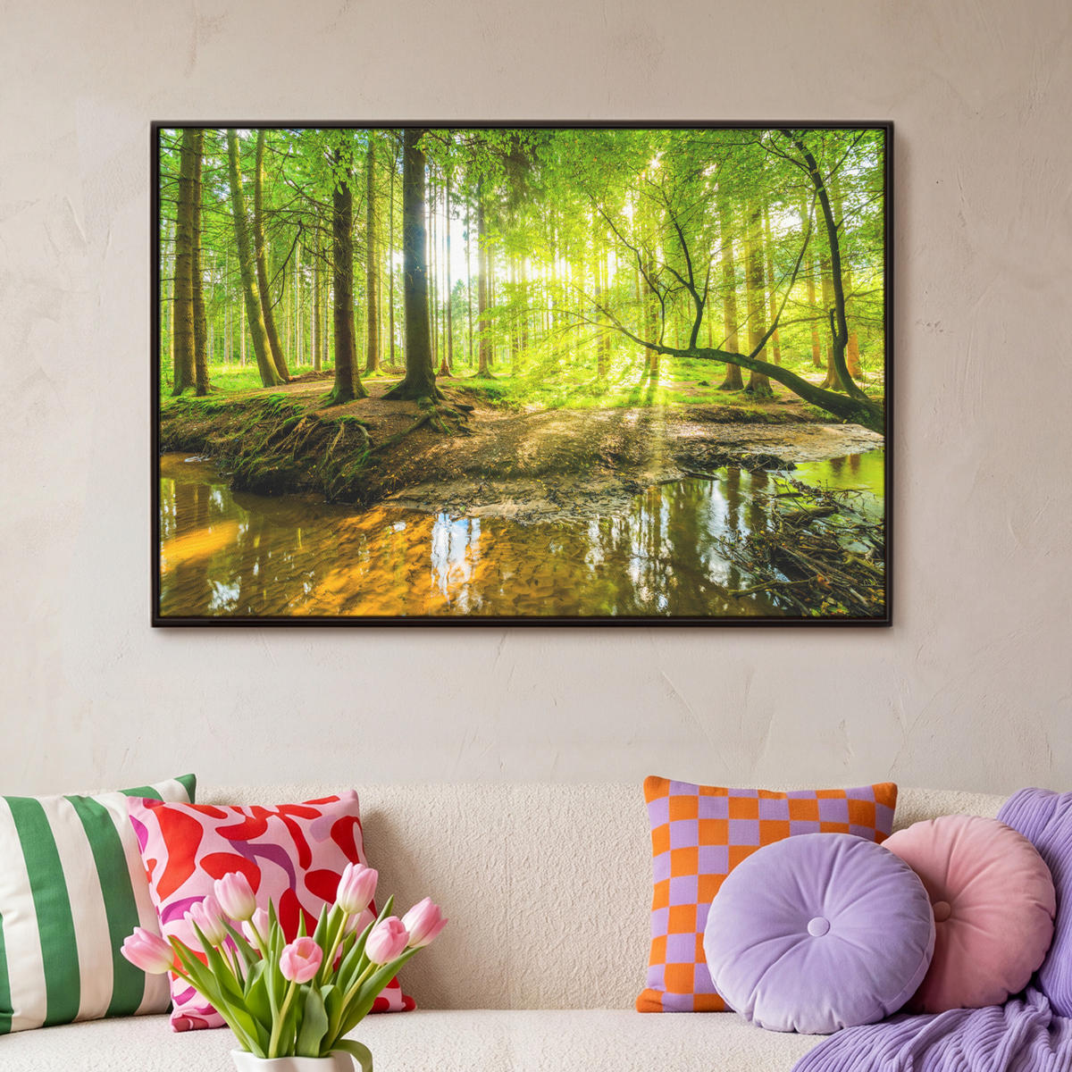LEINWAND Bilder mit Rahmen - Wald - Landschaft - Wasser - Bäume - Sonne - Grün - Natur - 90x60 - Grün, Textil (90/60cm) - MuchoWow