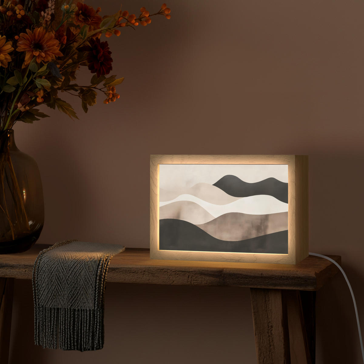NÁSTĚNNÁ LAMPA Abstraktní - Krajina - Vlny - Krémová barva 30x20 cm - šedohnědá, kompozitní dřevo (30/20/8cm) - OnlyWow
