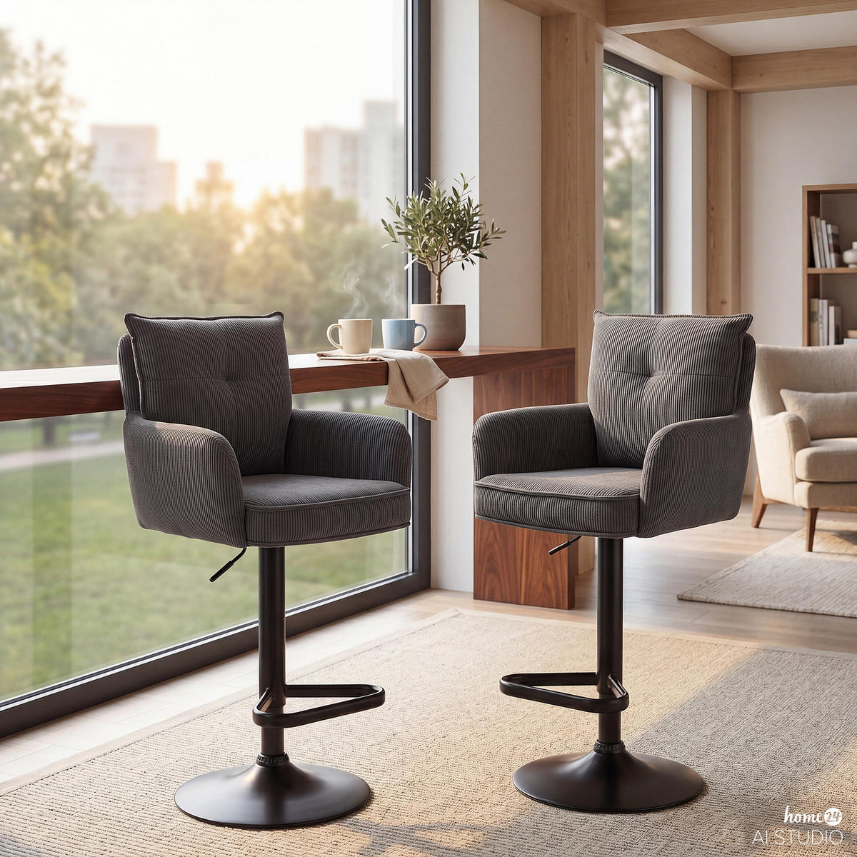 BARSTUHL - 2er-Set - Höhenverstellbar - Cord / Eisen - Anthrazit, Textil/Metall (54/98/58cm) - home24