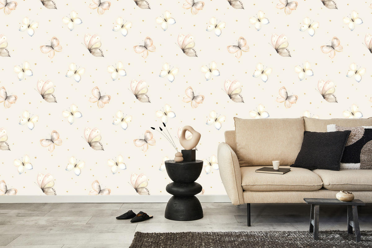 VLIESTAPETE Aquarell-Schmetterlinge – Beige, Creme – 50x1000 cm - Beige/Creme, Papier (50/1000cm) - Muralo