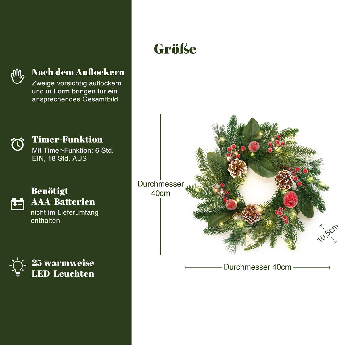 RUSTIKALER Weihnachtskranz Ø40cm mit Äpfeln, LEDs,Timerfunktion - Dunkelgrün, Naturmaterialien (40cm) - Hometopia