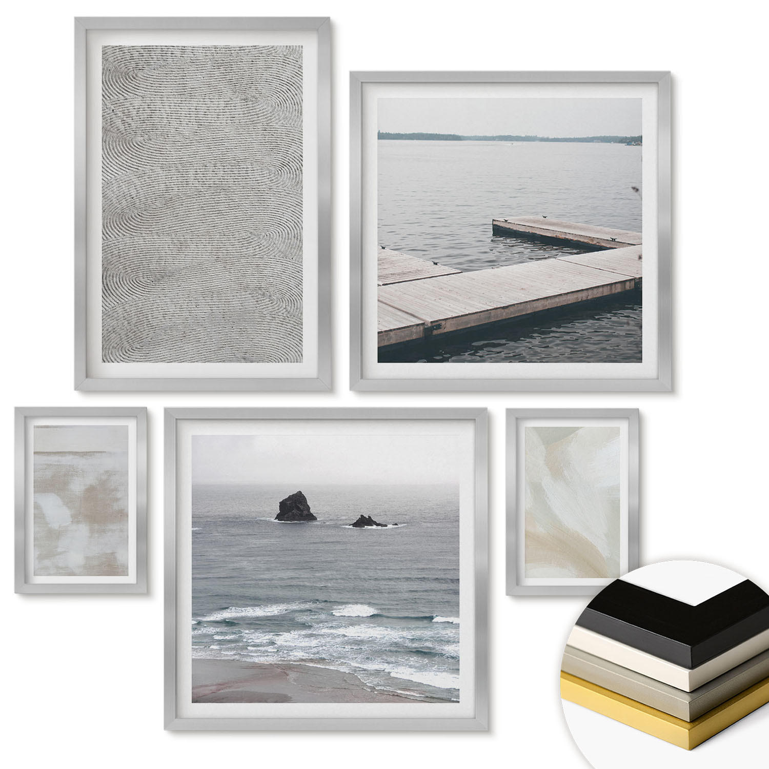 WANDBILDER 5er Set - 50x50 cm & 20x30 cm & 40x60 cm Silberner Rahmen - Abstraktes Design, moderne Texturen - Silberfarben, Kunststoff (40/60cm) - ArtPrintCave