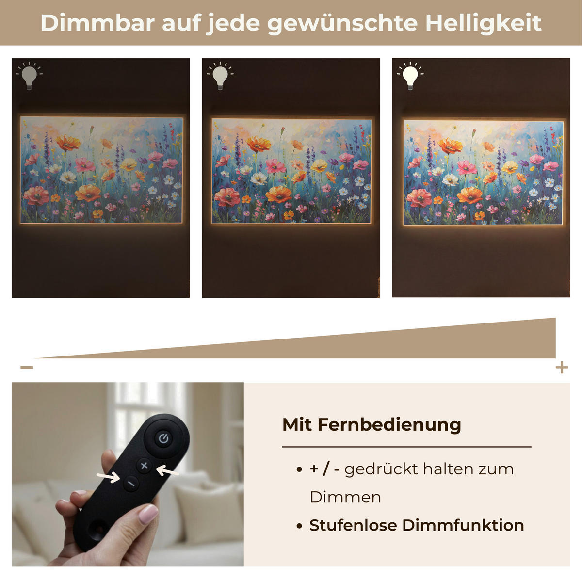NÁSTĚNNÁ LAMPA S AKUMULÁTOREM Květiny - Příroda - Akvarel - Umění 100x70 cm - různobarevná, kompozitní dřevo (100/70/8cm) - OnlyWow