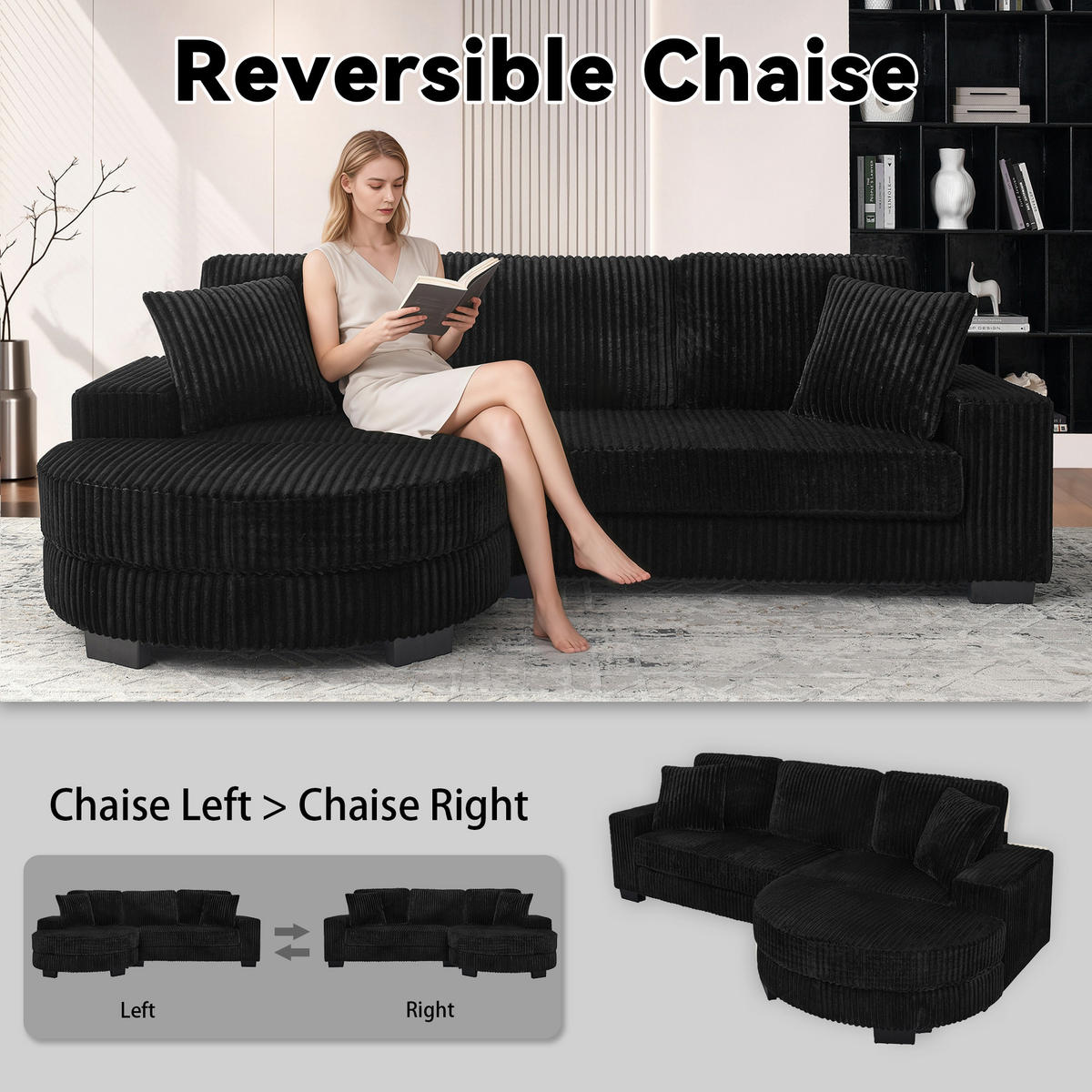 L-FÖRMIGES ECKSOFA Schwarz 256,5/133,5/89 cm 4-Sitzer mit Hocker - Schwarz, Kunststoff (256.5/133.5cm) - PANGIVO