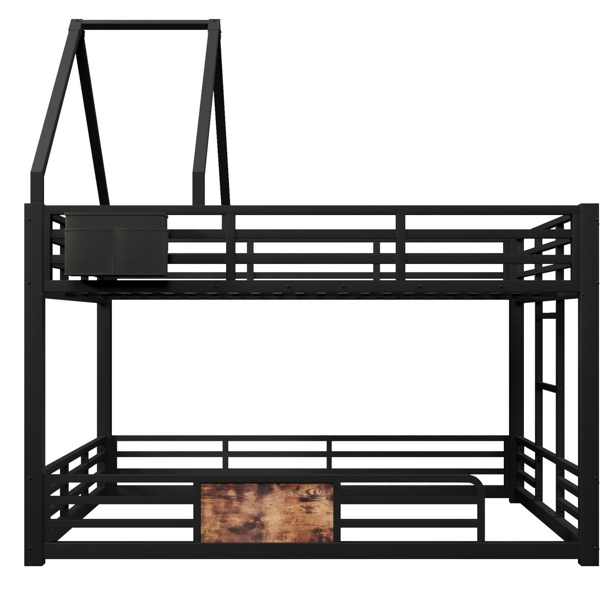 ETAGENBETT Metall & Holzwerkstoff 140x200 cm Schwarz mit LED, Hausbett-Design, Stofftaschen & Sicherheitsgeländer - Schwarz, Metall (140/200cm) - Modfu