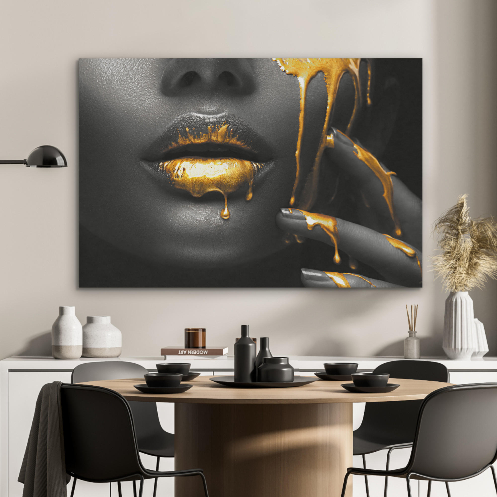 AKUSTIKPANEEL Frau - Schwarz - Gold - Gesicht - Lippen 100x70 cm - Goldfarben, Textil (100/0.9/70cm) - MuchoWow