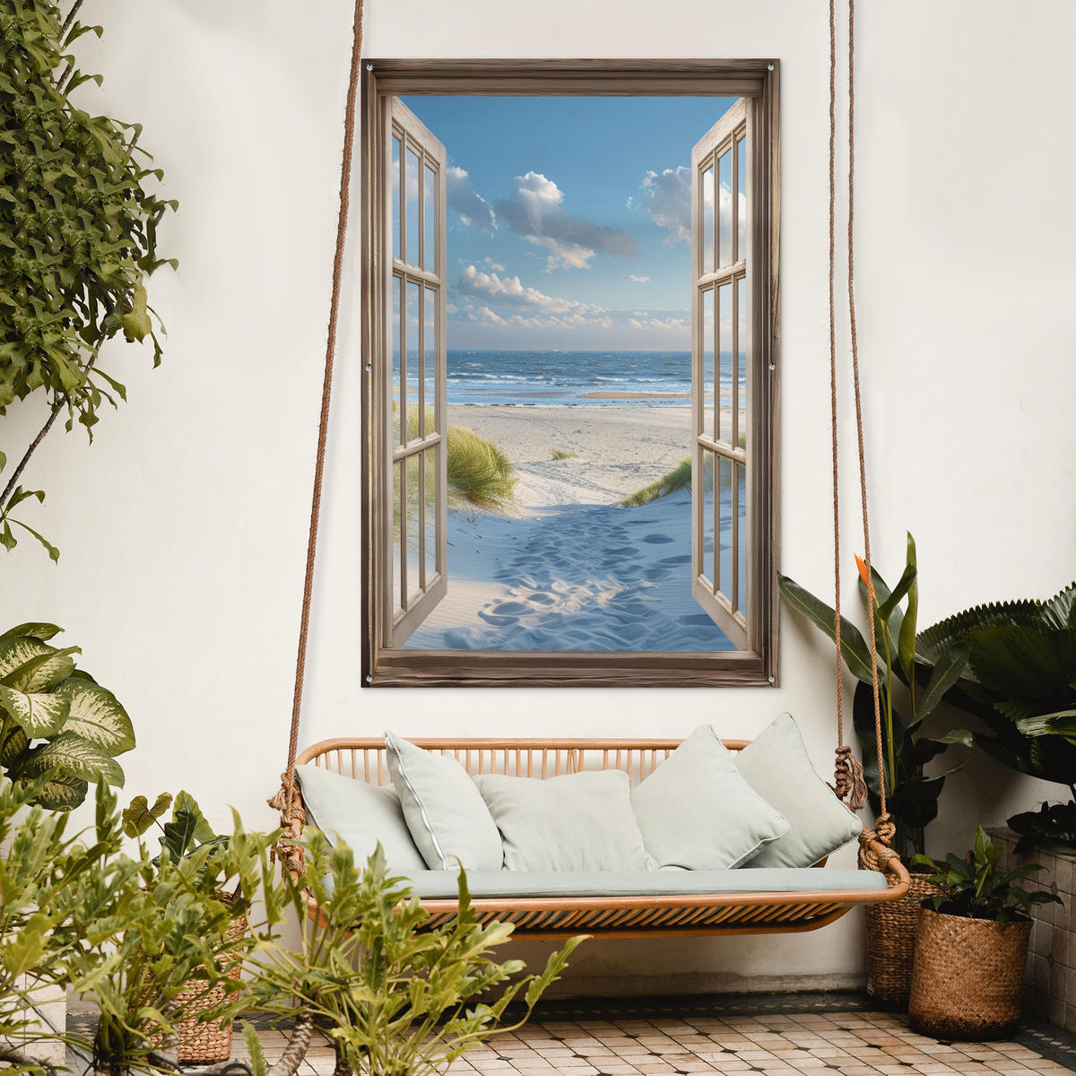 ZAHRADNÍ PLAKÁT Pohled - Pláž - Okno - Duny - Moře 120x180 cm - světle modrá, plast (120/180/0.2cm) - OnlyWow