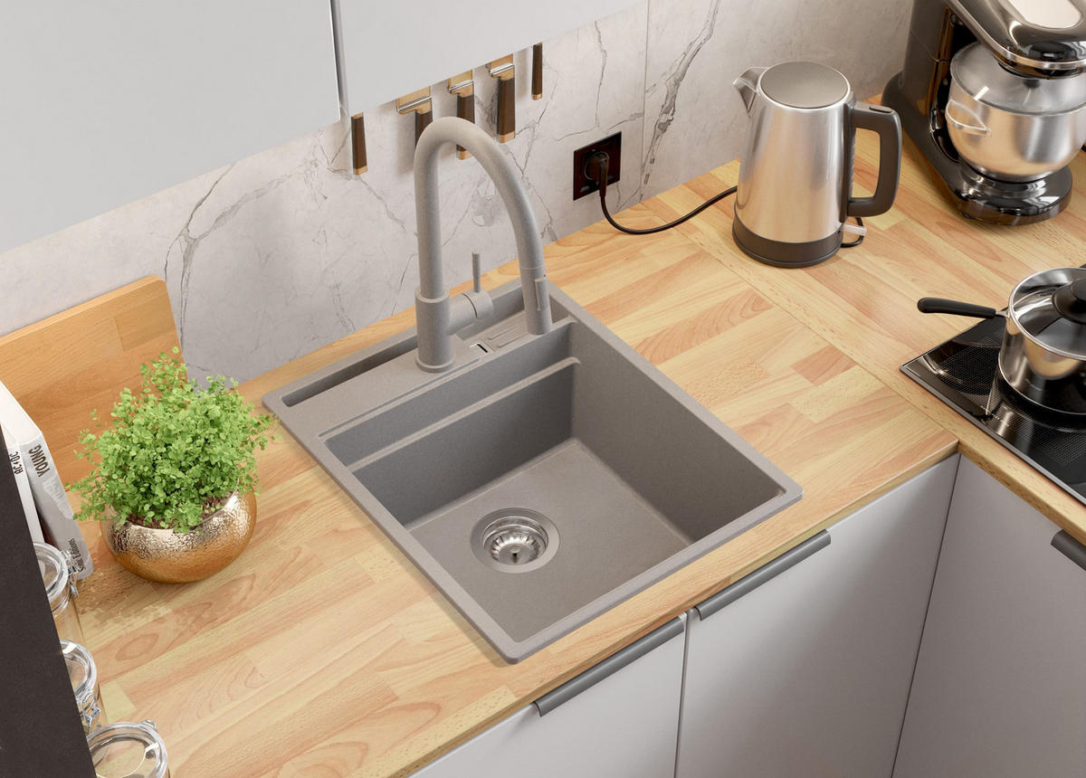 GRANITSPÜLE Oslo Pocket, 2-er set Grau 43/53 cm 1 Becken + Küchenarmatur 40/20 cm + Ablauf-Set + Küchenzubehörset ab 45er Unterschrank - Chromfarben/Beige, Kunststoff (43/20/53cm) - Primagran