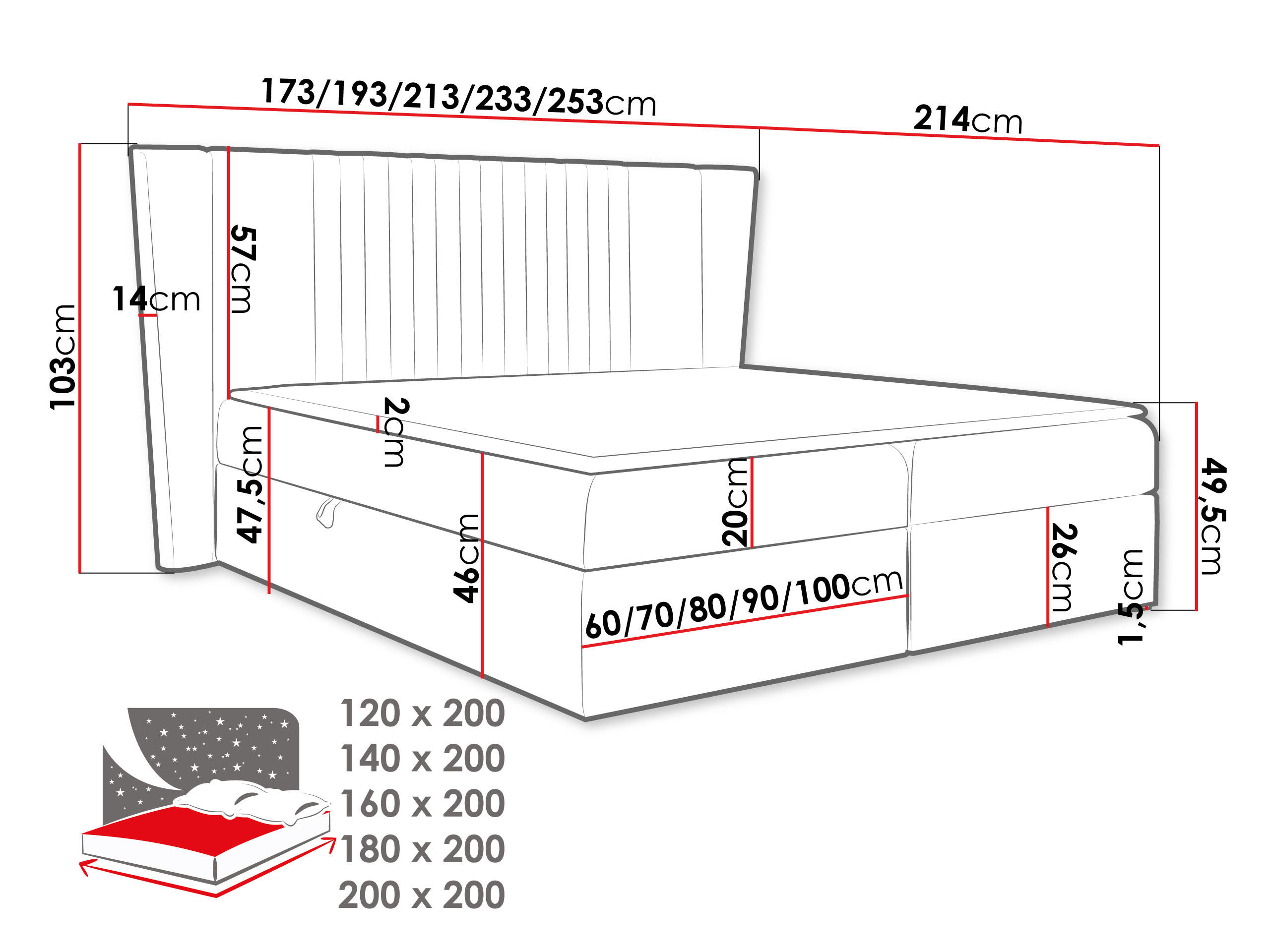 Thumbnail - Mirjan24 Boxbett, Anthrazit, Holz, H3, 140x200 cm, Schlafzimmer, Betten, Boxspringbetten