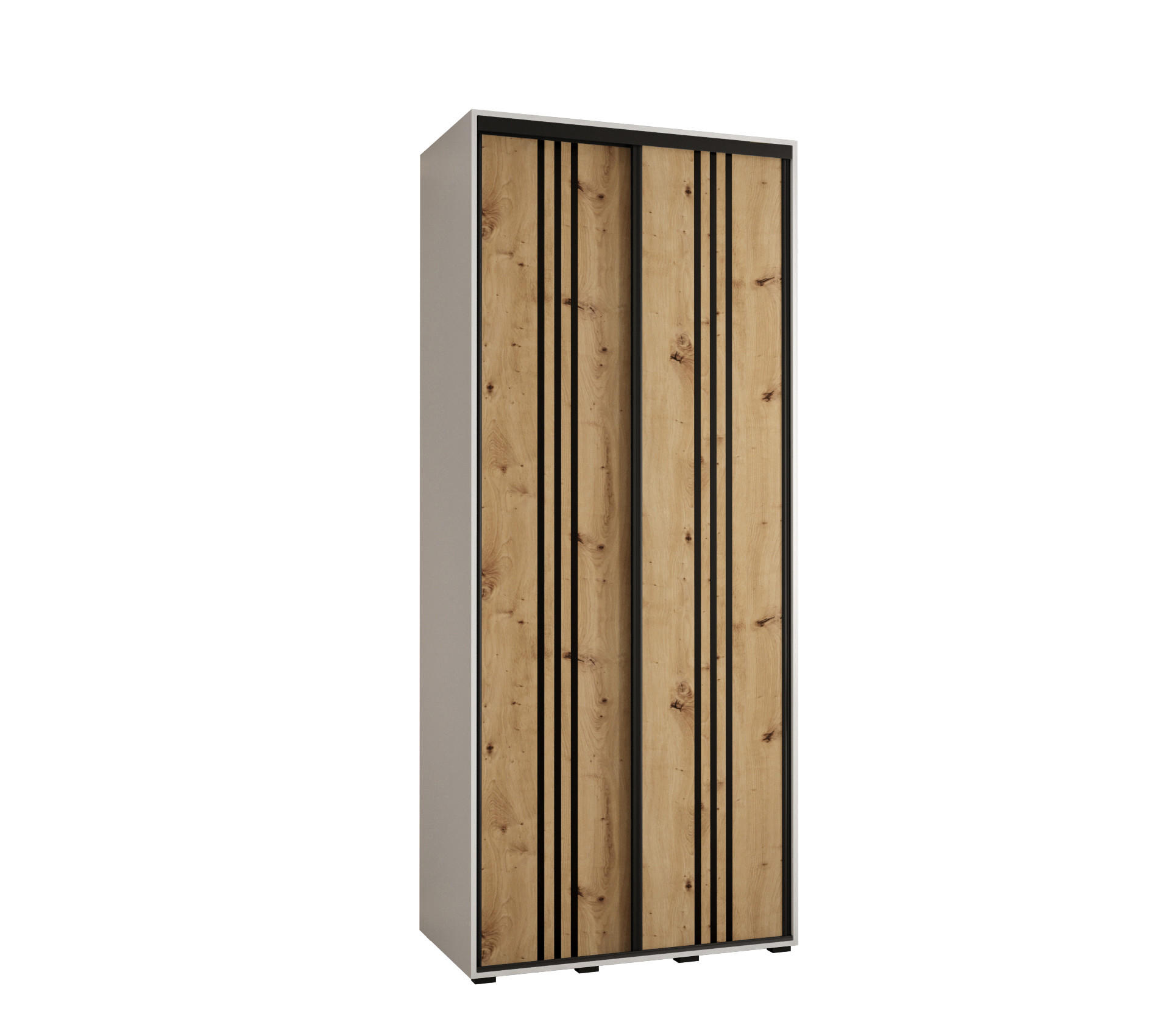 Abiks Möbel Schwebetürenschrank Weiß, Eiche Artisan, Schwarz 110x235x60 cm