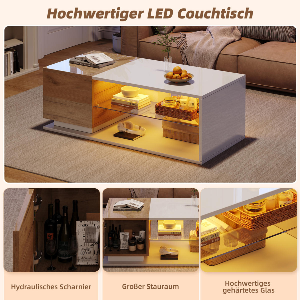 COUCHTISCH 105/50/36 cm weiß/eichefarben aus Spanplatte mit LED-Beleuchtung und Stauraum - Weiß, Holzwerkstoff (105/50/36cm) - OKWISH
