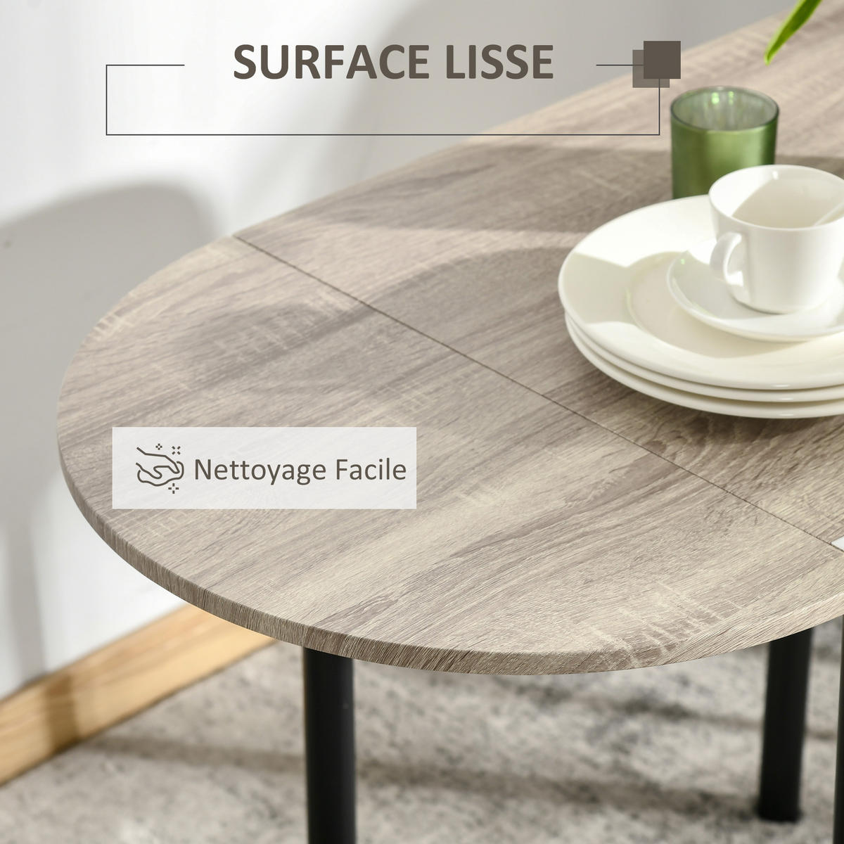 AUSZIEHBARER ovaler Tisch und 2 Stühle – Klapptisch – Metall und MDF – schwarz und natur - Eichefarben, Kunststoff (120/75/60cm)