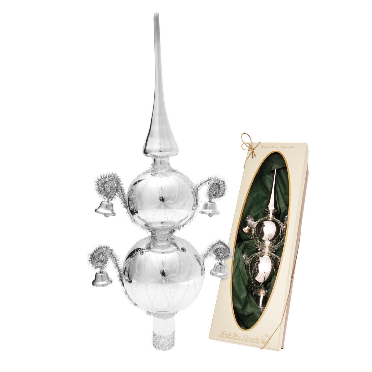 BAUMSPITZE Glöckchen Umsponnen Silberfarbig 33cm (Glas / 1 Stk.) - Silberfarben, Glas (33cm) - Krebs Glas Lauscha