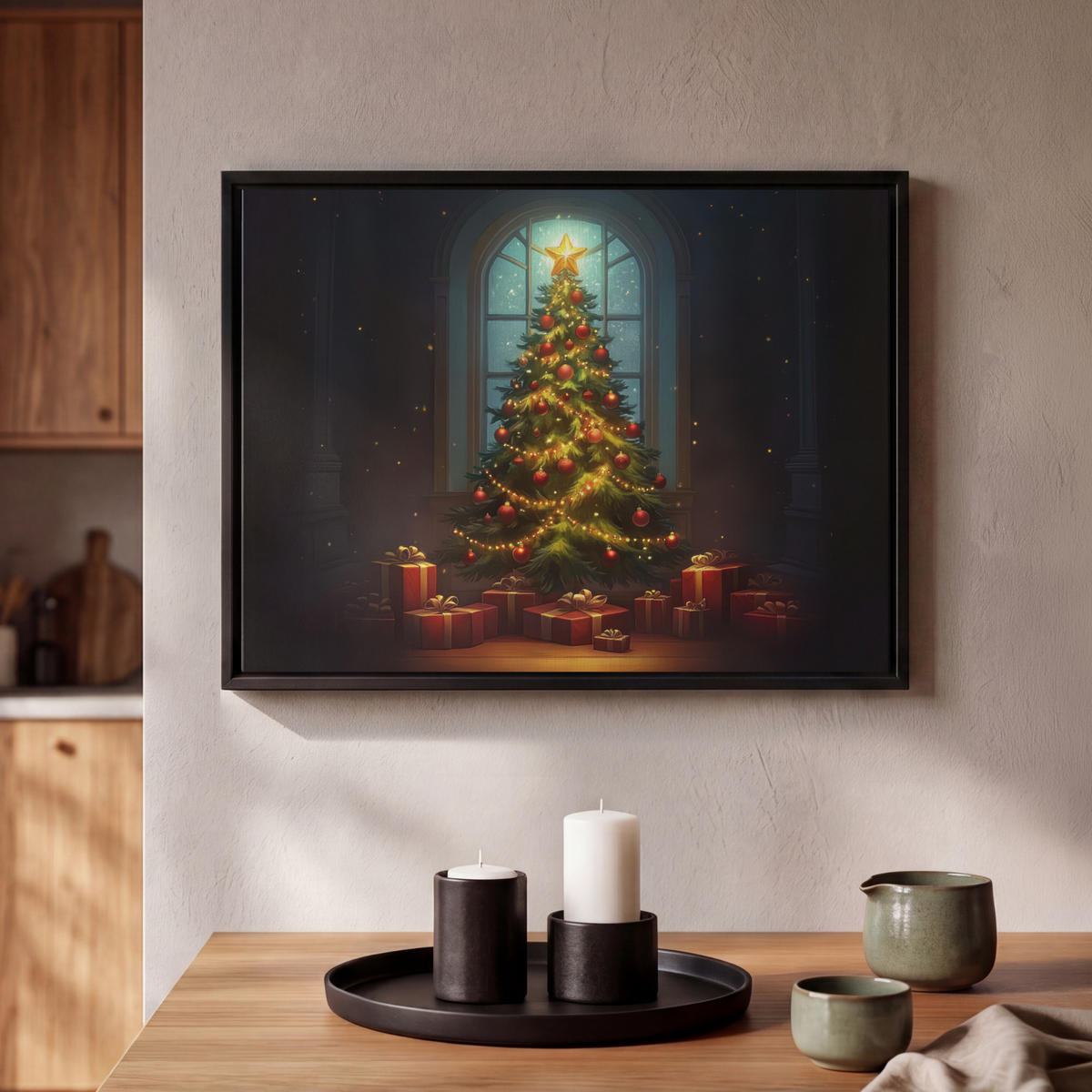 LEINWAND Bilder mit Rahmen - Weihnachtsbaum - Geschenk - Winter - 40x30 - Grün, Textil (40/30cm) - MuchoWow