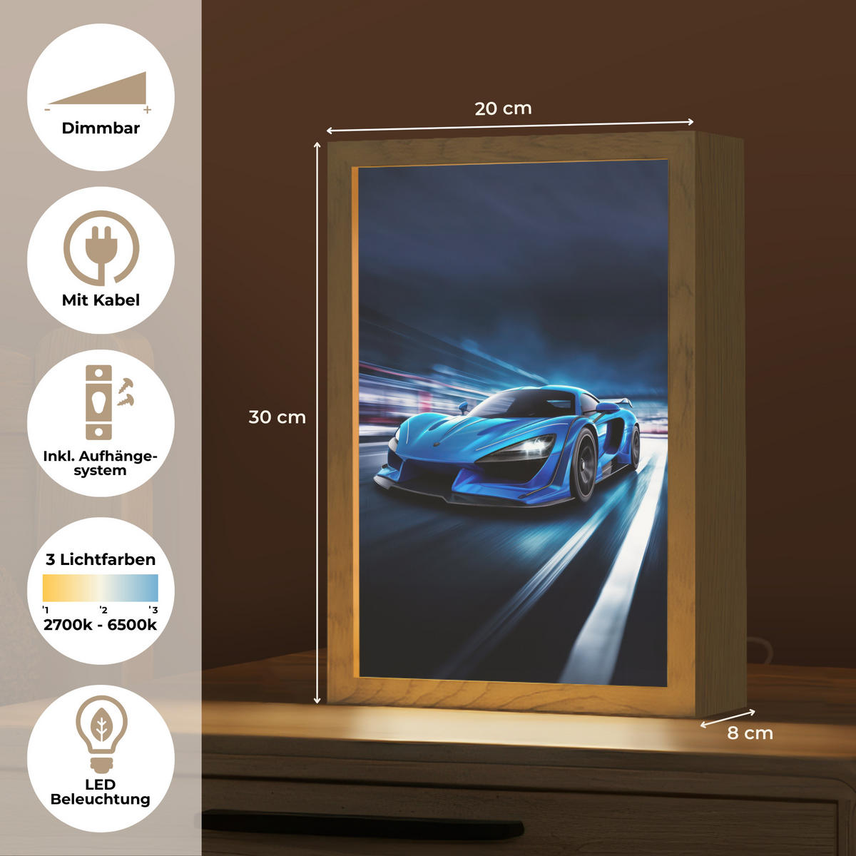 NACHTTISCHLAMPE Auto - Blau - Jungen - Kind 20x30 cm - Blau, Holzwerkstoff (8/20/30cm)