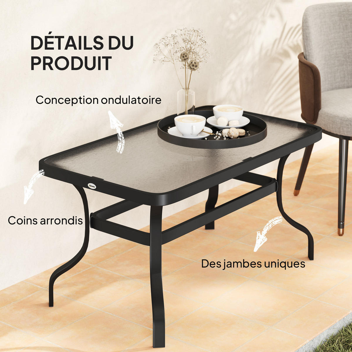 GARTENBEISTELLTISCH DE-14125 rechteckig 95x55 cm mit gewellter Glasplatte Schwarz - Schwarz, Metall (95/55/46cm) - ComfortXL