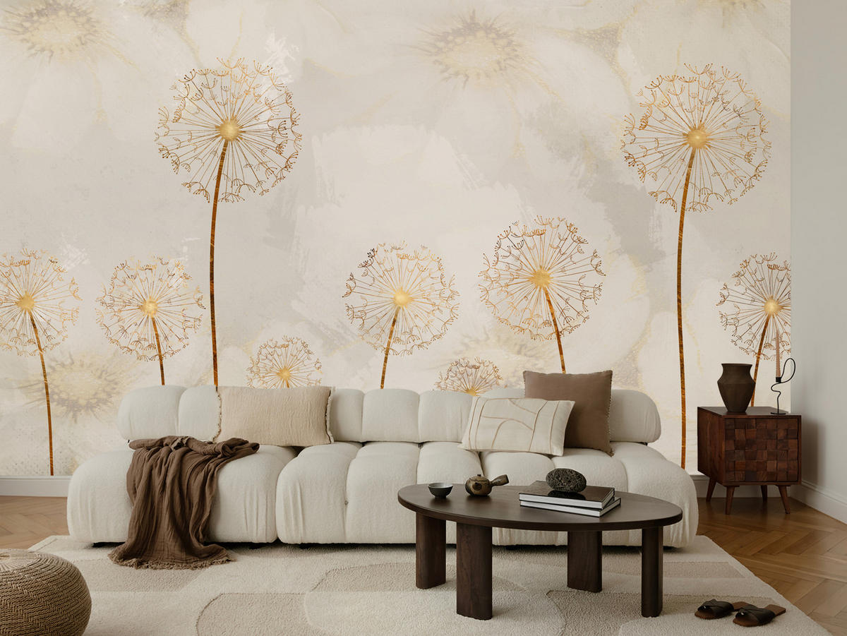 FOTOTAPETE für Schlafzimmer Goldene Löwenzahn Aquarell Blumen 450x315 - Gelb/Beige, Papier (450/315cm) - Muralo