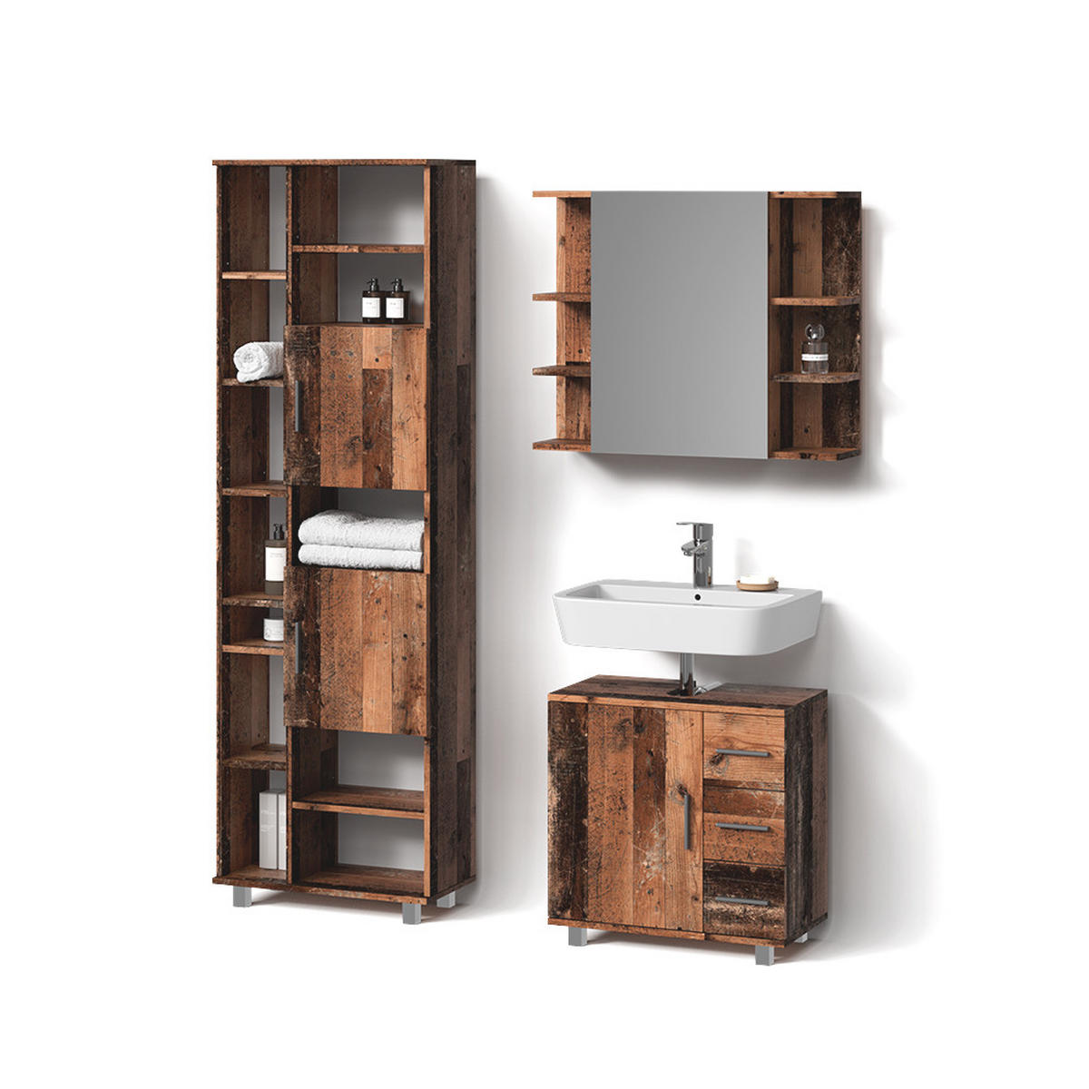 BADMÖBEL-SET Eisak Eiche rustikal 3 Teile, mit Unterschrank 60 cm - Wildeiche, Holzwerkstoff (60/60/33cm) - Livinity®