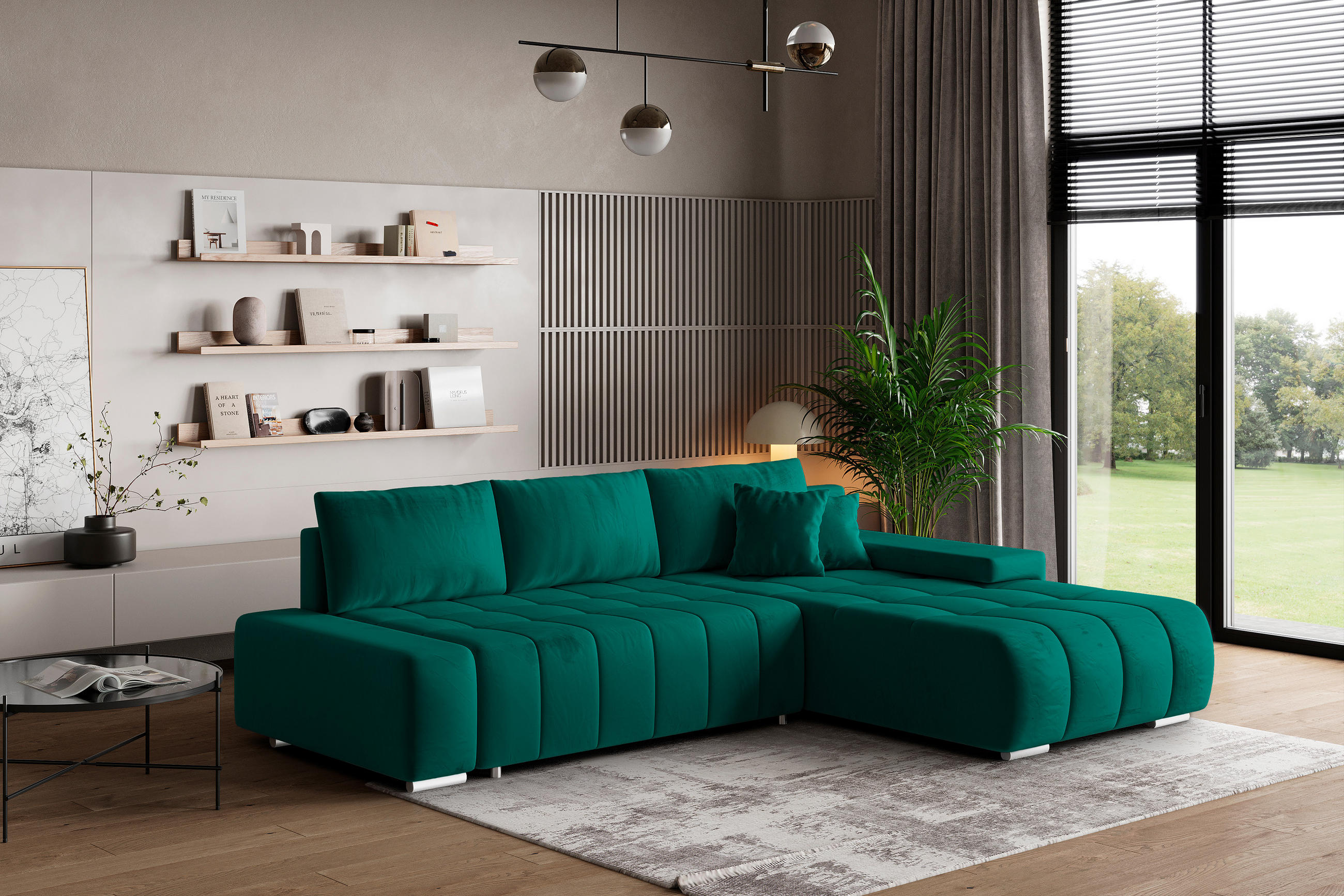 ECKSOFA ALESE R-S Grün Velours-Stoff mit Schlaffunktion - Grün, Holz (265/185cm) - MASSENO