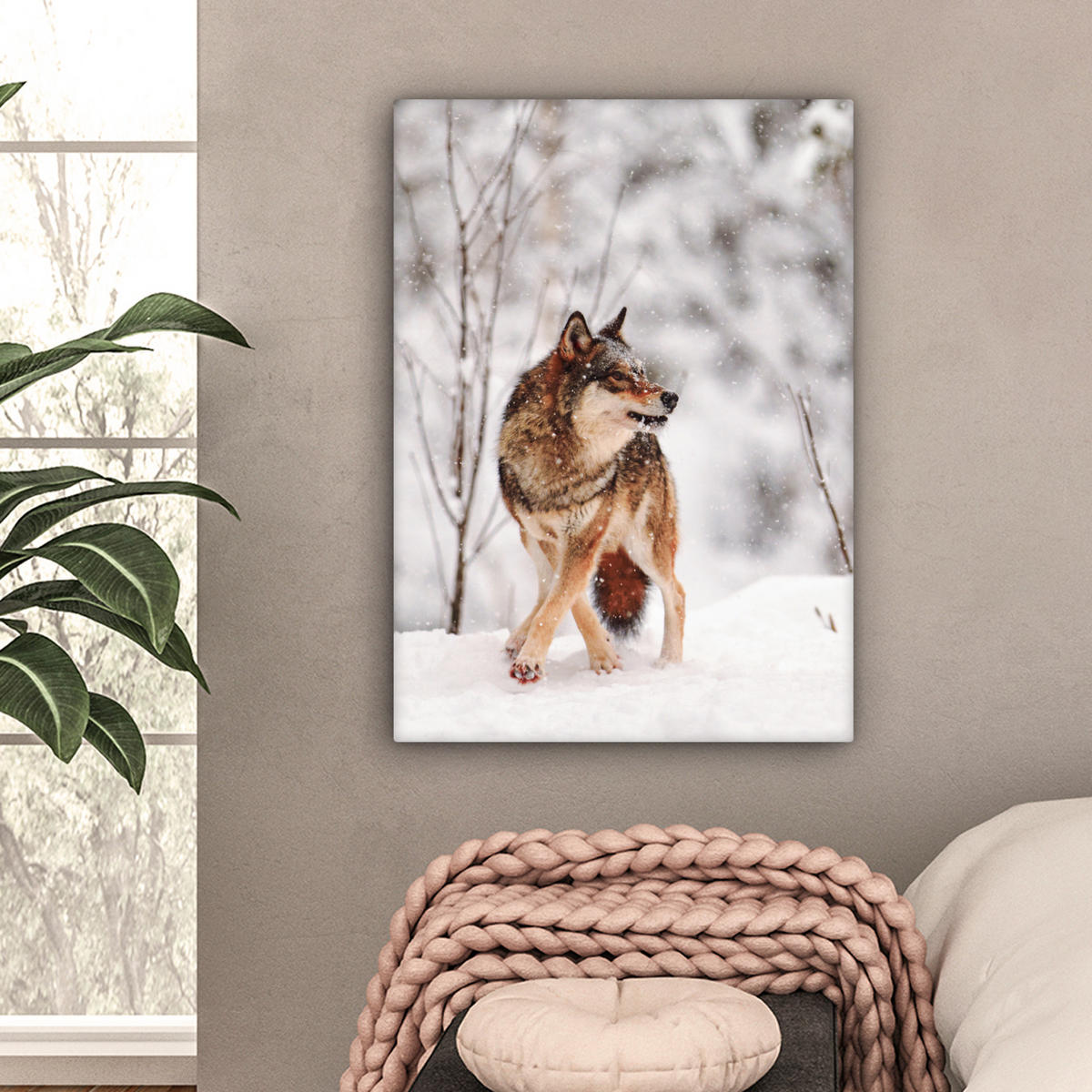 LEINWANDBILD Wolf - Winter - Schnee - Natur - Tiere 60x80 cm - Haselnussfarben, Textil (60/80cm) - MuchoWow