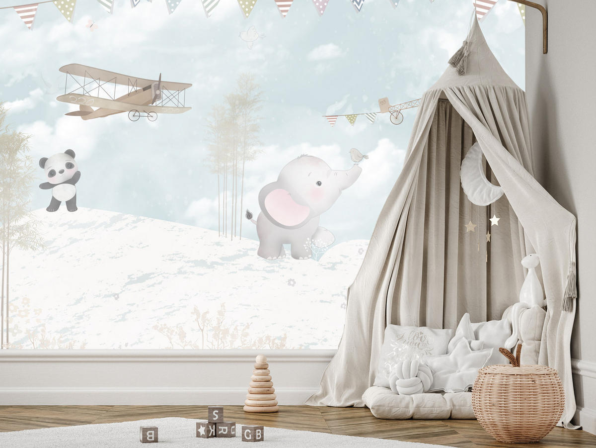 FOTOTAPETE für Kinderzimmer Boho Elefant Panda Giraffe Pflanze Flugzeug 500x350 - Multicolor, Papier (500/350cm) - Muralo