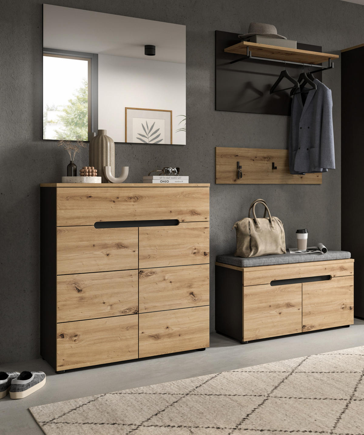 GARDEROBENPANEEL Set mit Garderobenleiste Eiche Artisan, grau 80 cm - Eiche Artisan/Grau, Holzwerkstoff/Metall (80/73/27cm) - Inn.Furn