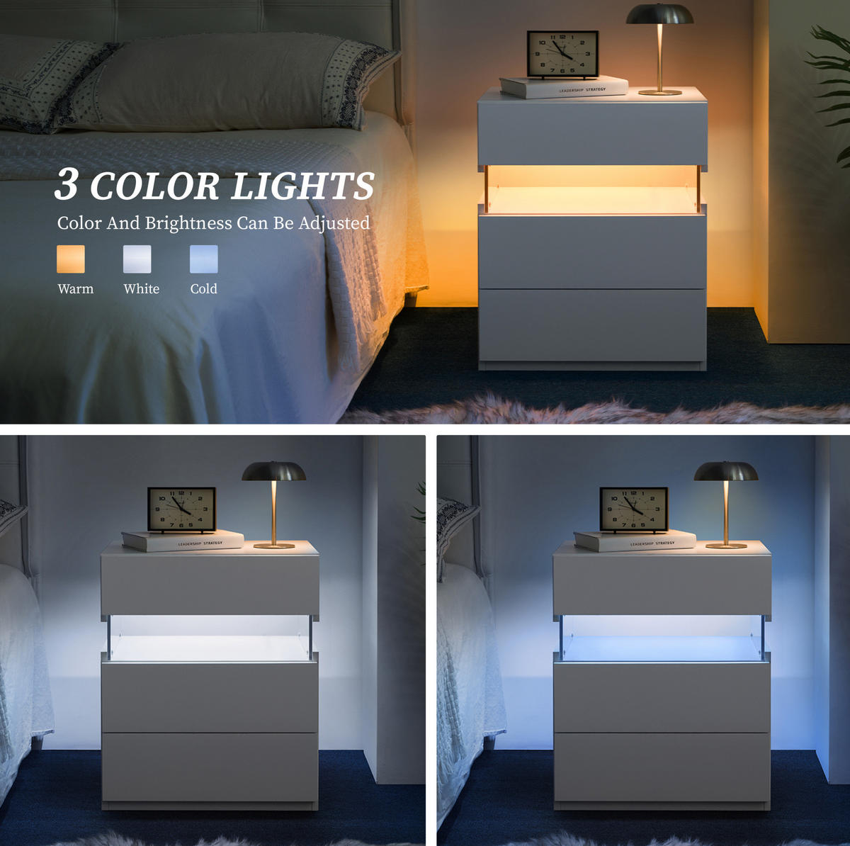 NACHTTISCH 48/38/61 cm mit LED-Beleuchtung in Weiß – 3 Schubladen & moderne Optik - Weiß, Holzwerkstoff (38/61/48cm) - BEAOK
