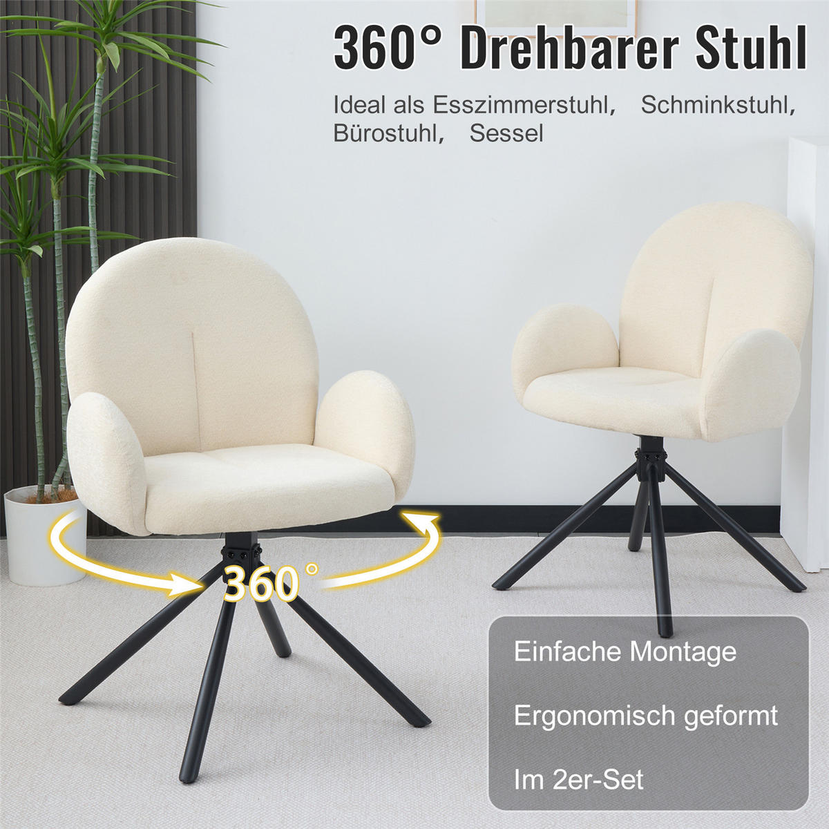 ARMLEHNSTUHL 2er-Set Drehstuhl Cremeweiß - Weiß, Textil (53.5/86.5/52cm) - Kaket