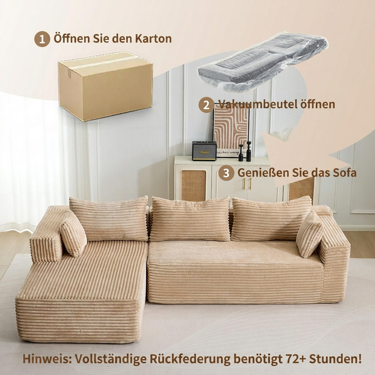 ECKSOFA 279/179/83 cm Beige Cord mit Chaiselongue - Beige, Textil (179/83/279cm) - Oxeza