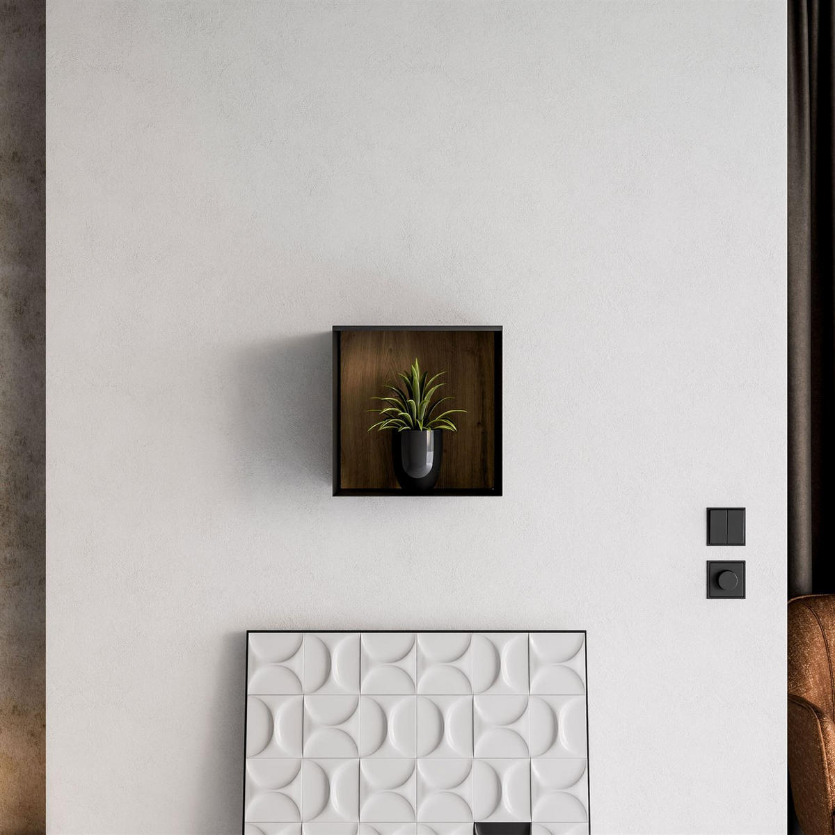 METALLREGAL QUADRO mit LED Beleuchtung - Schwarz/Eiche Artisan, Holzwerkstoff (33/33/20cm) - Lookway