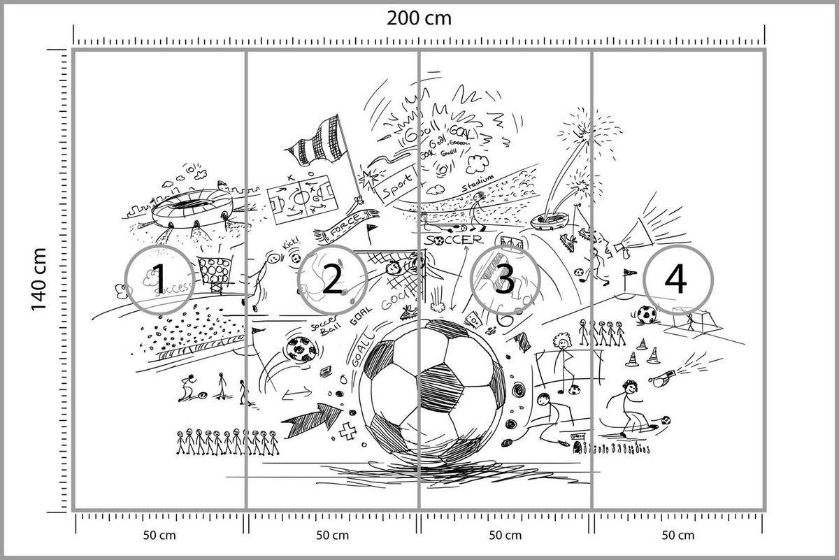 FOTOTAPETE für Kinderzimmer Fußball Skizzen Tor Stadion Sport 200x140 - Schwarz/Weiß, Papier (200/140cm) - Muralo