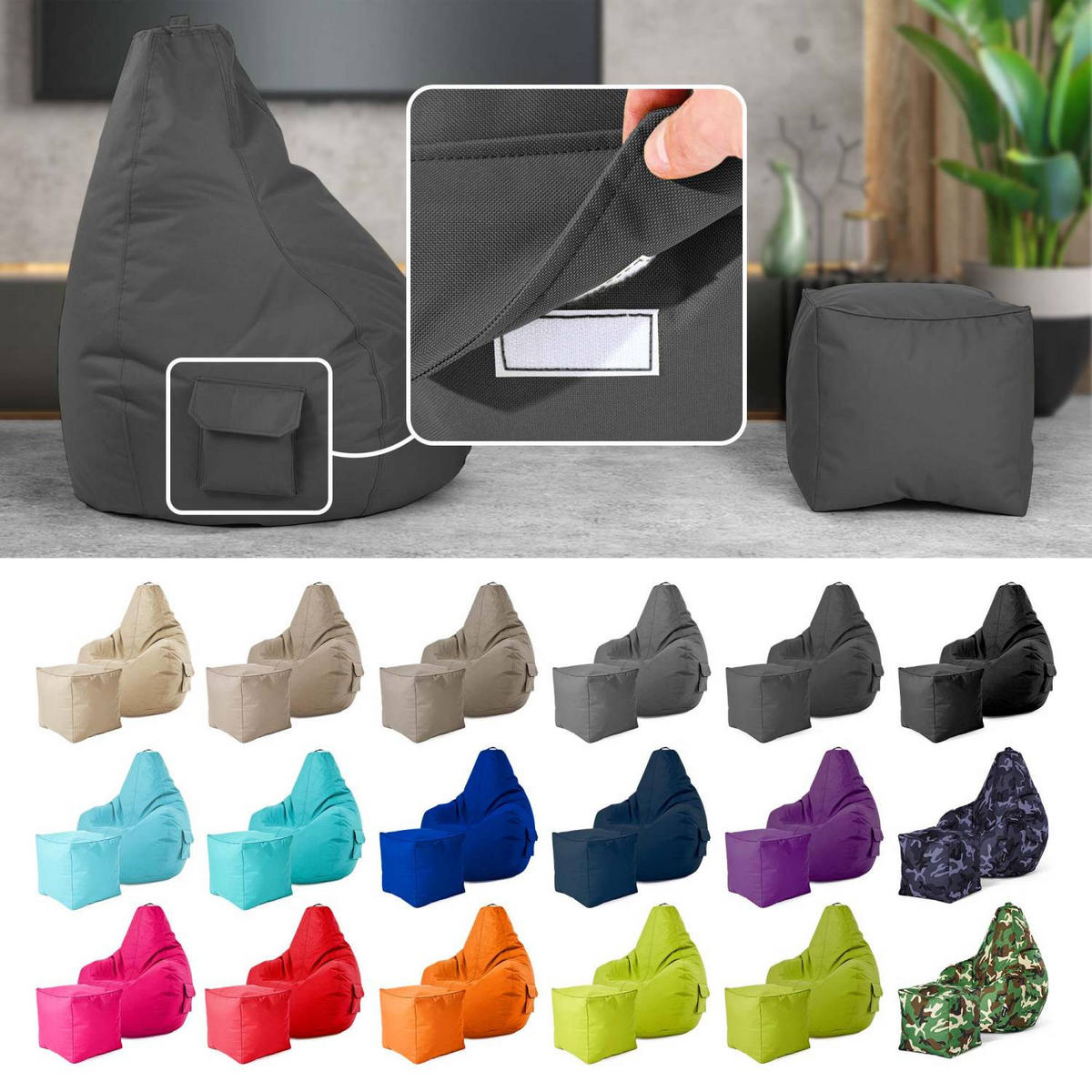 SITZSACK + Hocker "Cozy+Cube" 2er Set - Anthrazit, Textil (70/90/80cm) - Green Bean