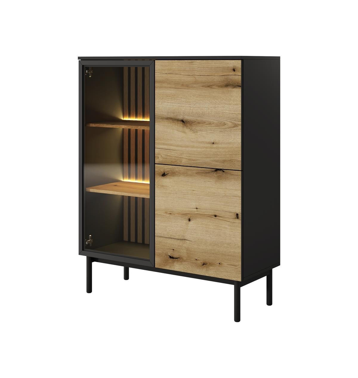 VITRINE Lango 125 Schwarz mit Eiche Evoke, Glasvitrine mit Led-Beleuchtung - Hellbraun/Schwarz, Holzwerkstoff (100/125/39cm) - Bettso
