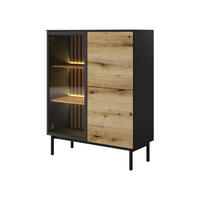 VITRINE Lango 125 Schwarz mit Eiche Evoke, Glasvitrine mit Led-Beleuchtung - Hellbraun/Schwarz, Holzwerkstoff (100/125/39cm) - Bettso