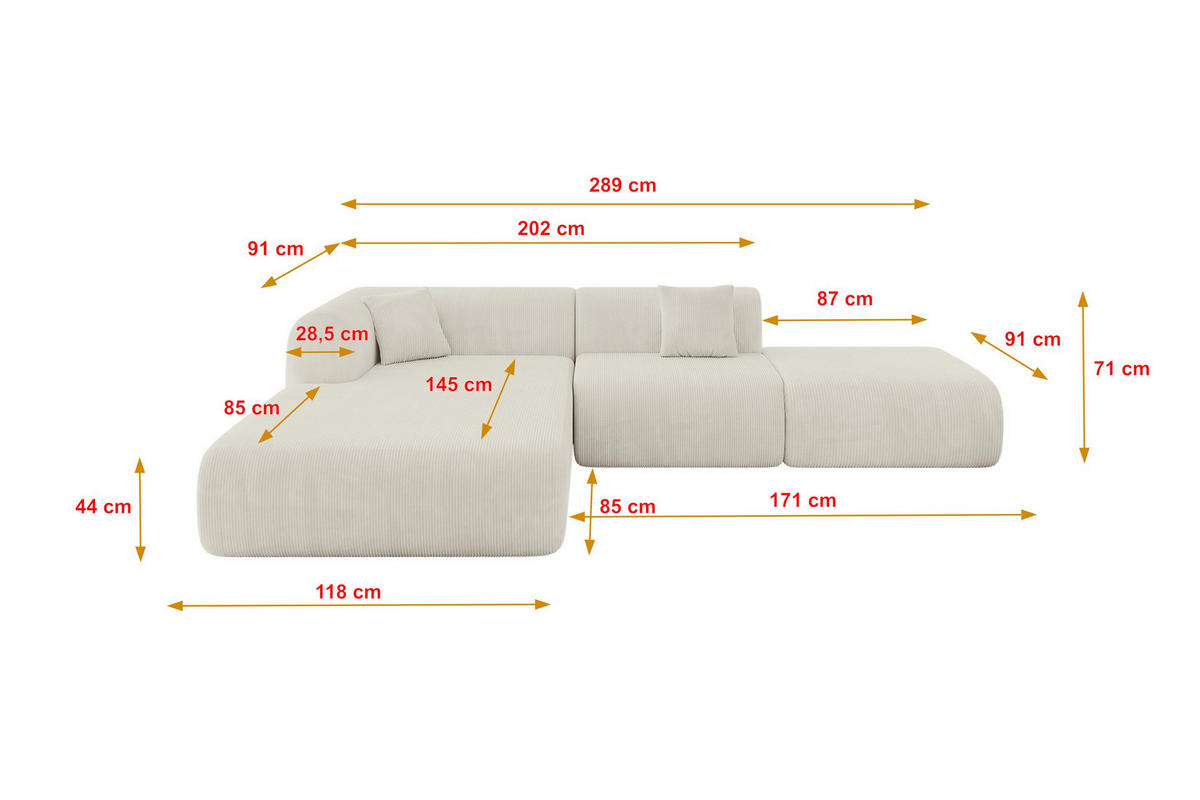 ECKSOFA Ottomane Links OVLY-L 289x176x71 Creme Cord - Creme/Schwarz, Holzwerkstoff/Kunststoff (176/289cm) - ALTDECOR