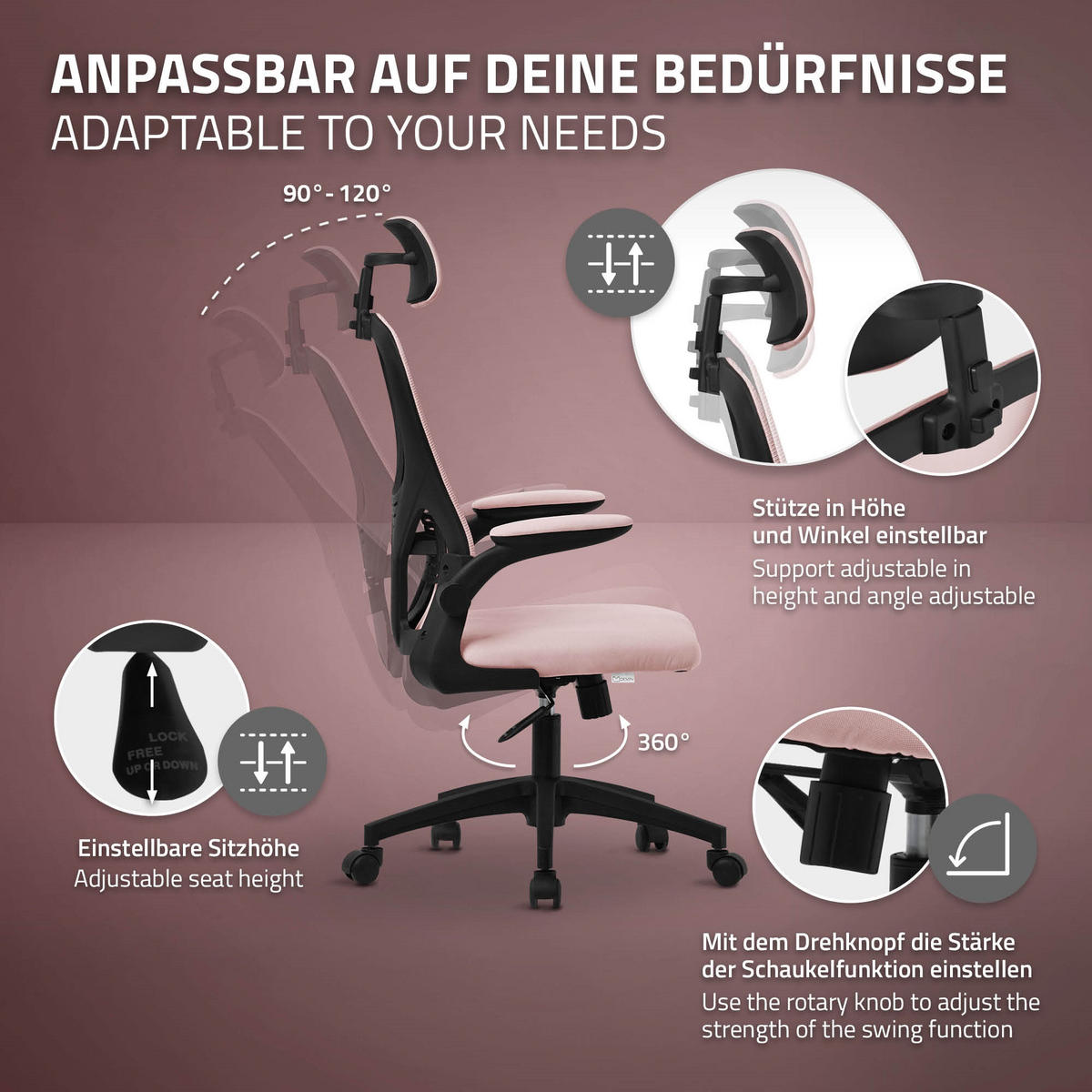 SCHREIBTISCHSTUHL Ergonomic rosa - Pink, Kunststoff (60.5/121/60cm) - ML-DESIGN