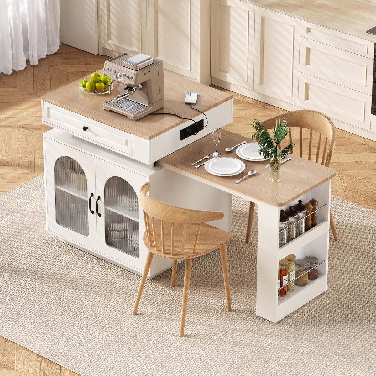 BARTISCH 128–200×71×92 cm aus MDF+Glas mit Riffelglas, LED & USB-Ladestation, weiß - Weiß, Holzwerkstoff (200/71/92cm) - Luhomfu