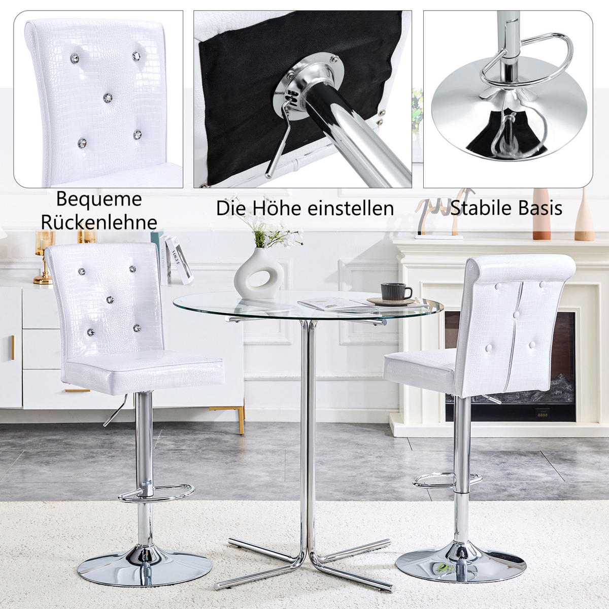 STUHL 4er-Set PVC Weiß mit Kristallknopf-Details - Weiß, Metall (42/125/55.2cm) - Meubliv