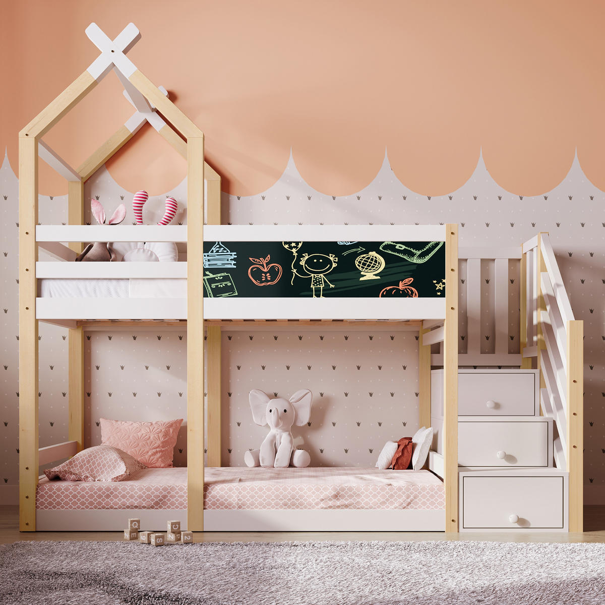 ETAGENBETT 90/200 cm Weiß Baumhaus Design mit Tafel und Rausfallschutz - Weiß, Holzwerkstoff (90/200cm) - OKWISH