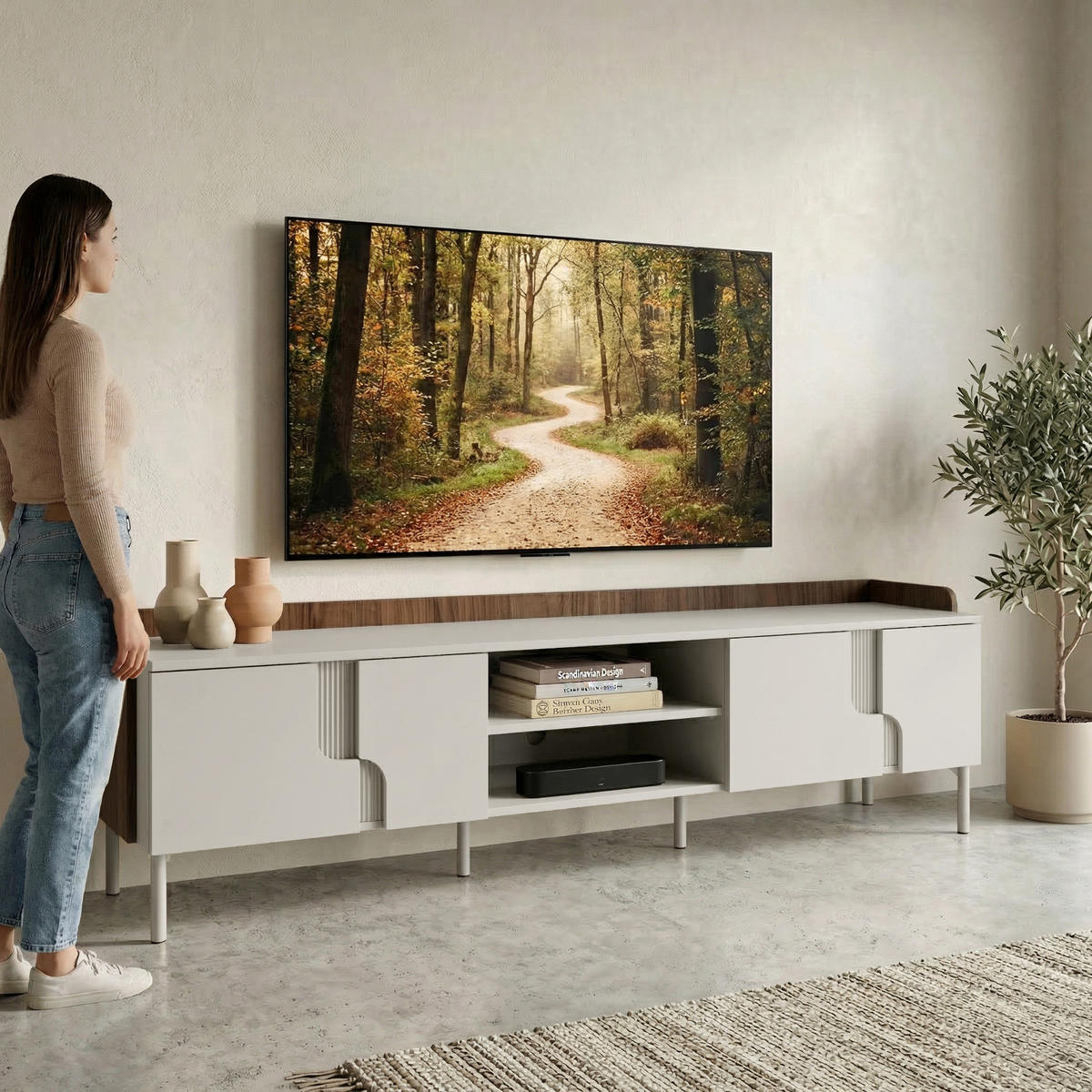 LOWBOARD Positivo mit 4 Türen, 200 cm, Alba-Nuss + Kaschmir - Nussbaumfarben, Holzwerkstoff (200/51/42cm) - Beautysofa