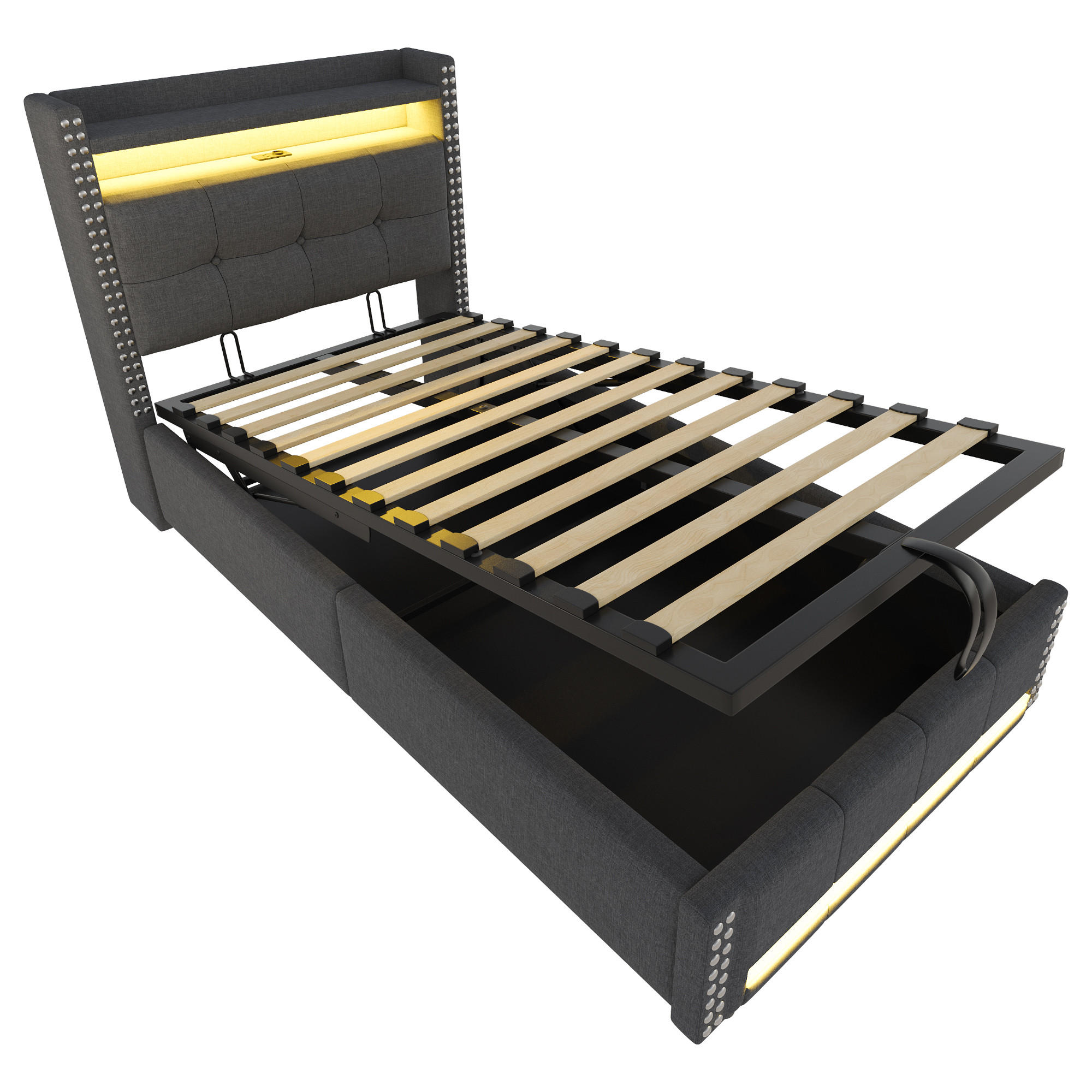 STAURRAUMBETT 90/200 cm DE-02033, in Grau, mit LED, USB und Hydraulik - Grau, Metall (90/200cm) - ComfortXL